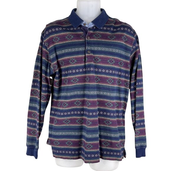 Vintage L.L. Bean Mens M Native Aztec Long Sleeve Polo Shirt 1990 Jamaica Made - Picture 1 of 13
